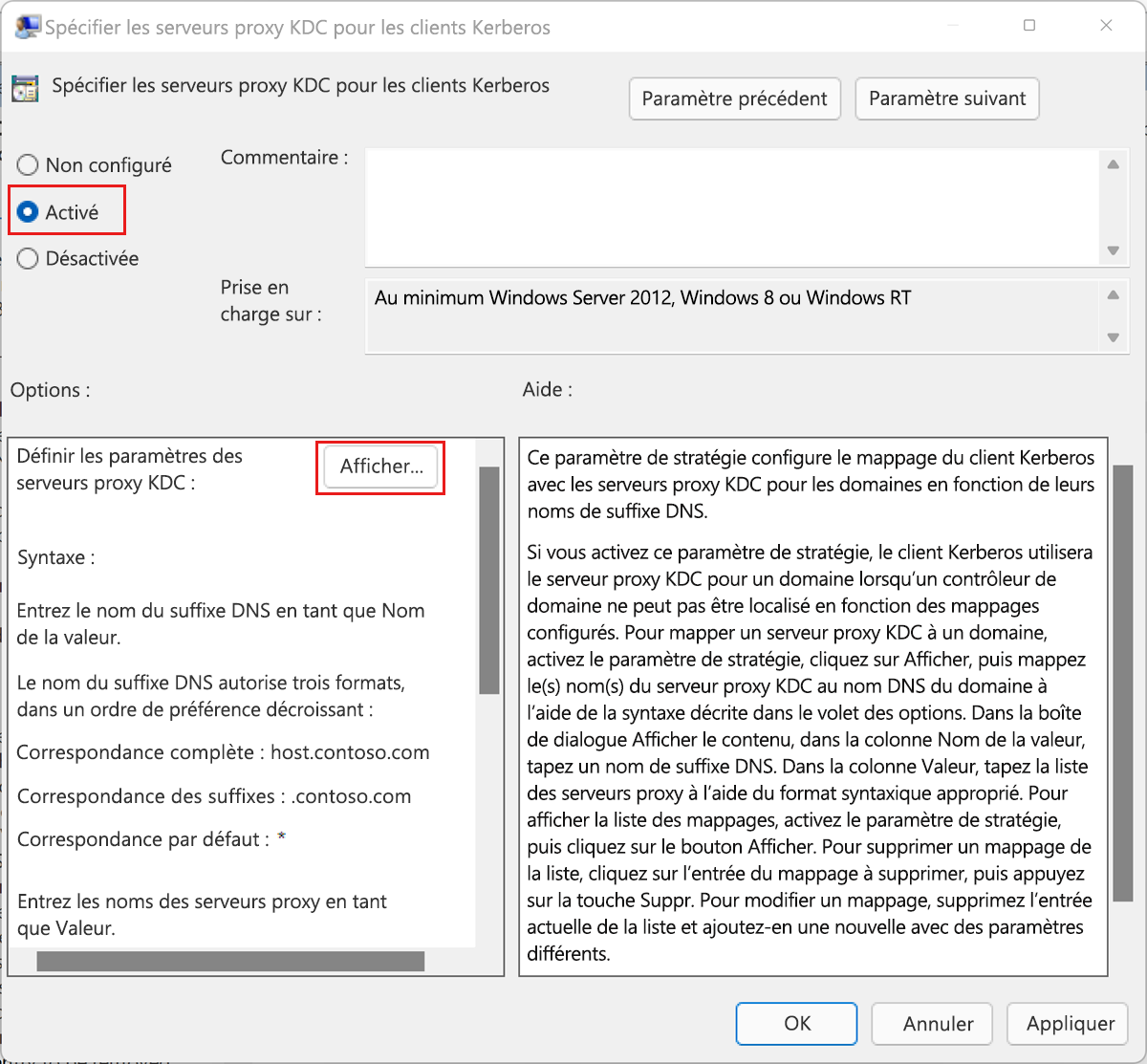 Capture d'écran de la boîte de dialogue permettant d'activer l'option « Spécifier les serveurs proxy KDC pour les clients Kerberos ». La boîte de dialogue « Afficher le contenu » permet d'entrer un nom de valeur et la valeur correspondante.