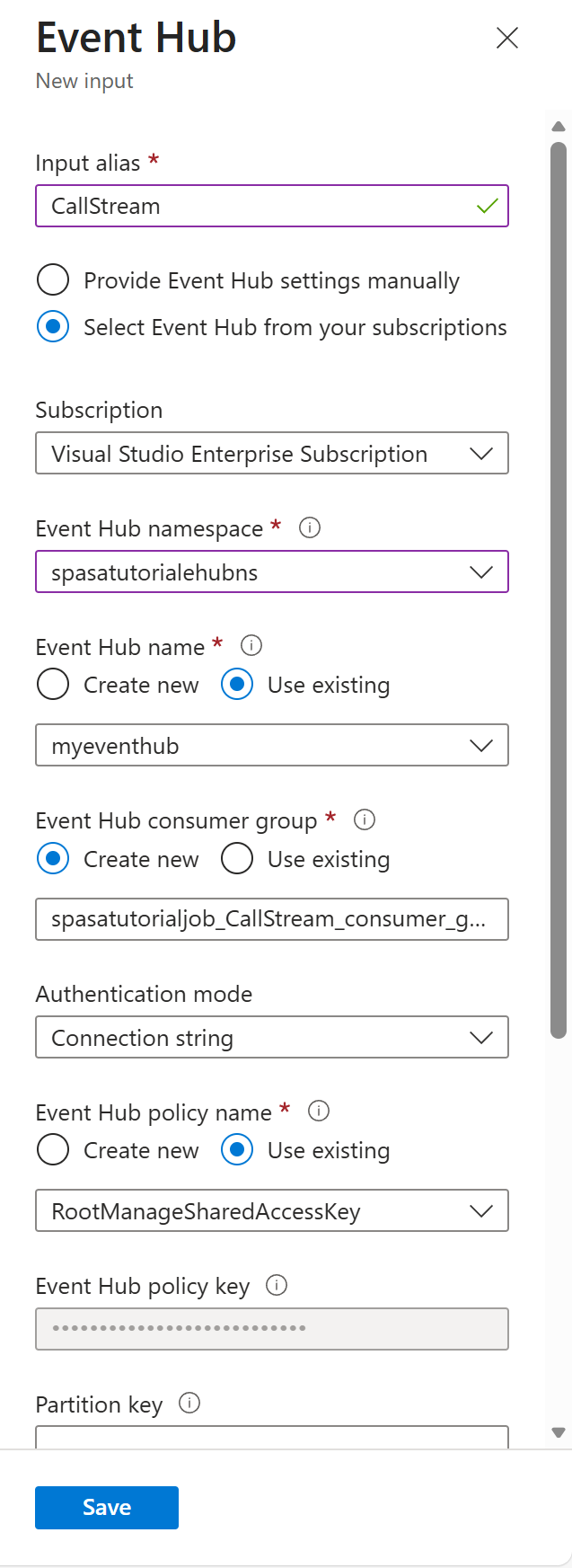 Capture d’écran montrant la page de configuration d’Event Hubs pour une entrée.