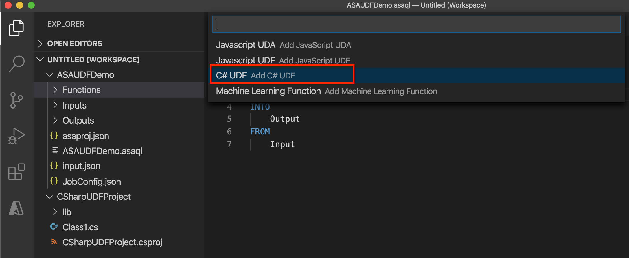 Sélectionner la fonction CSharp dans le projet Stream Analytics dans VS Code