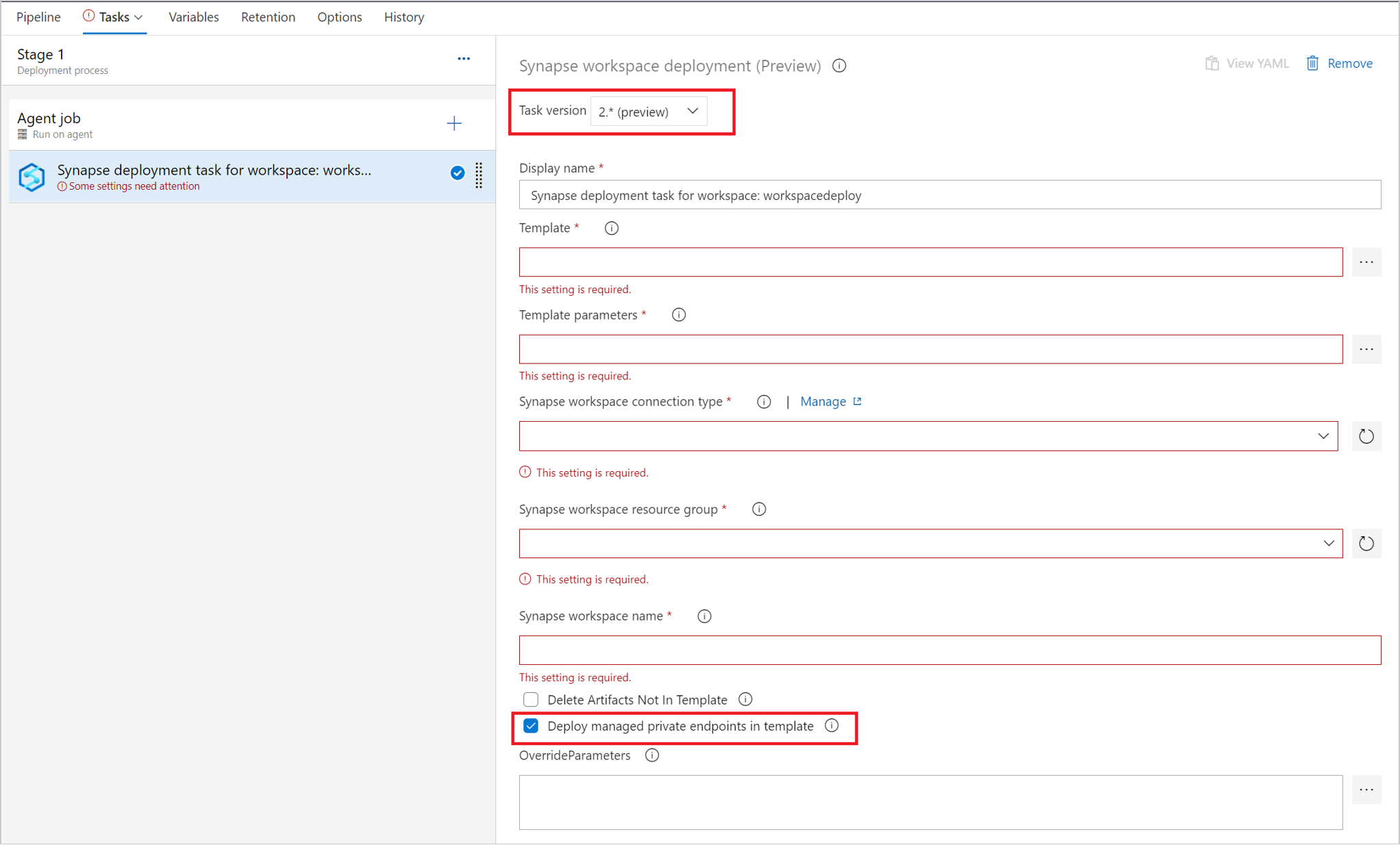 Capture d’écran montrant la sélection de la version 2.x pour déployer des points de terminaison privés avec la tâche de déploiement de Synapse.