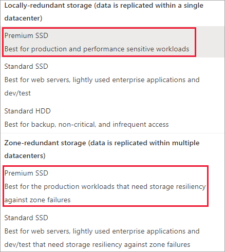 Capture d’écran des références SKU du disque, du LRS Premium et des SKU ZRS SSD mis en surbrillance.