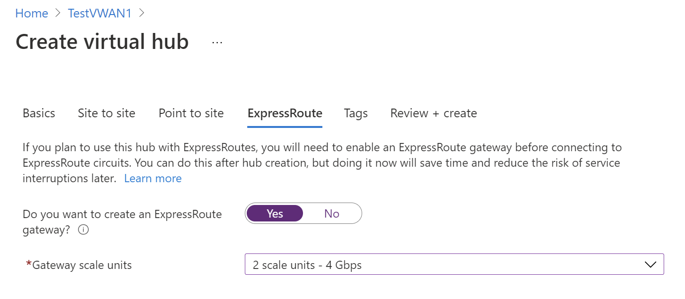 Capture d’écran montrant les unités d’échelle de passerelle pour ExpressRoute.