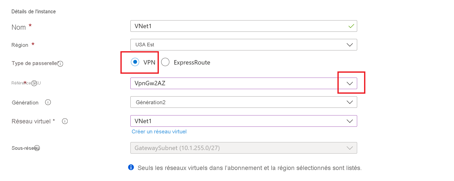 Capture d’écran illustrant la sélection de la référence SKU de la passerelle VPN pour sélectionner une référence SKU de zone de disponibilité.