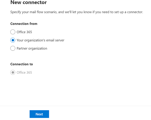 L'écran sur lequel vous configurez le serveur d’envoi en tant que le serveur de l’organisation et le serveur de destination en tant que le serveur Microsoft 365.