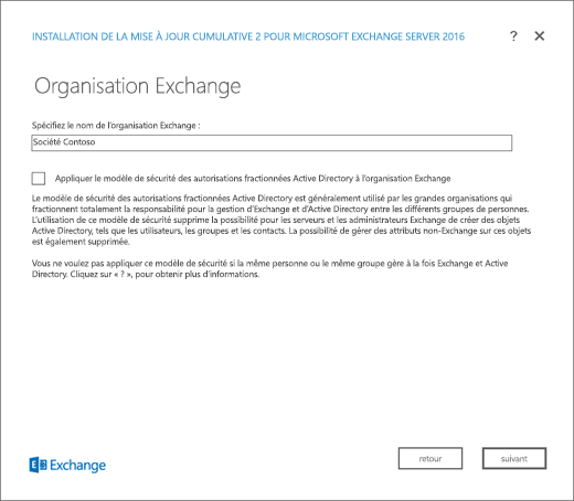 Programme d’installation Exchange : Page Organisation Exchange.