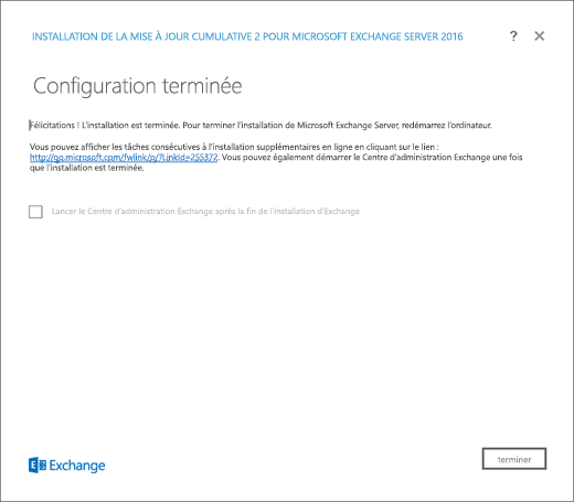 Programme d’installation Exchange – page Installation Terminée.