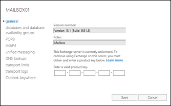 Onglet Général dans les propriétés du serveur Exchange dans le Centre d’administration Exchange pour un serveur sans licence.
