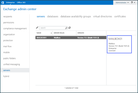 Volet d’informations d’un serveur sous licence sélectionné sous l’onglet Serveurs du CENTRE d’administration Exchange.