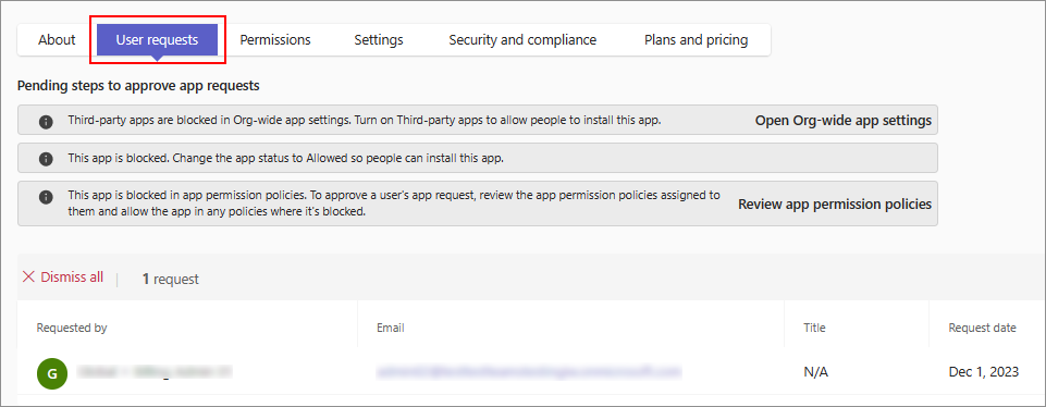 Capture d’écran montrant l’onglet Demandes utilisateur dans la page des détails de l’application et les actions d’administrateur nécessaires pour autoriser une application.