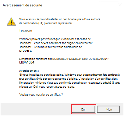 Capture d’écran montrant l’avertissement de sécurité avec l’option Oui mise en évidence en rouge.