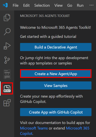 Capture d’écran montrant l’option permettant de créer une application à partir de la barre latérale agents Toolkit.