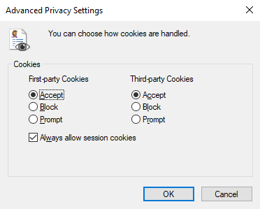 Capture d’écran de la boîte de dialogue paramètres de confidentialité avancés montrant que les cookies internes et tiers sont sélectionnés comme accepter et que toujours autoriser les cookies de session est sélectionné