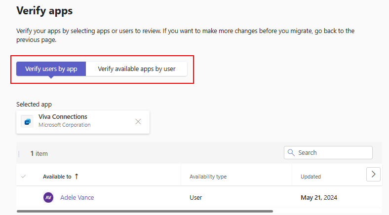Capture d’écran montrant l’option de vérification disponible pour chaque utilisateur et les utilisateurs qui reçoivent une application particulière.