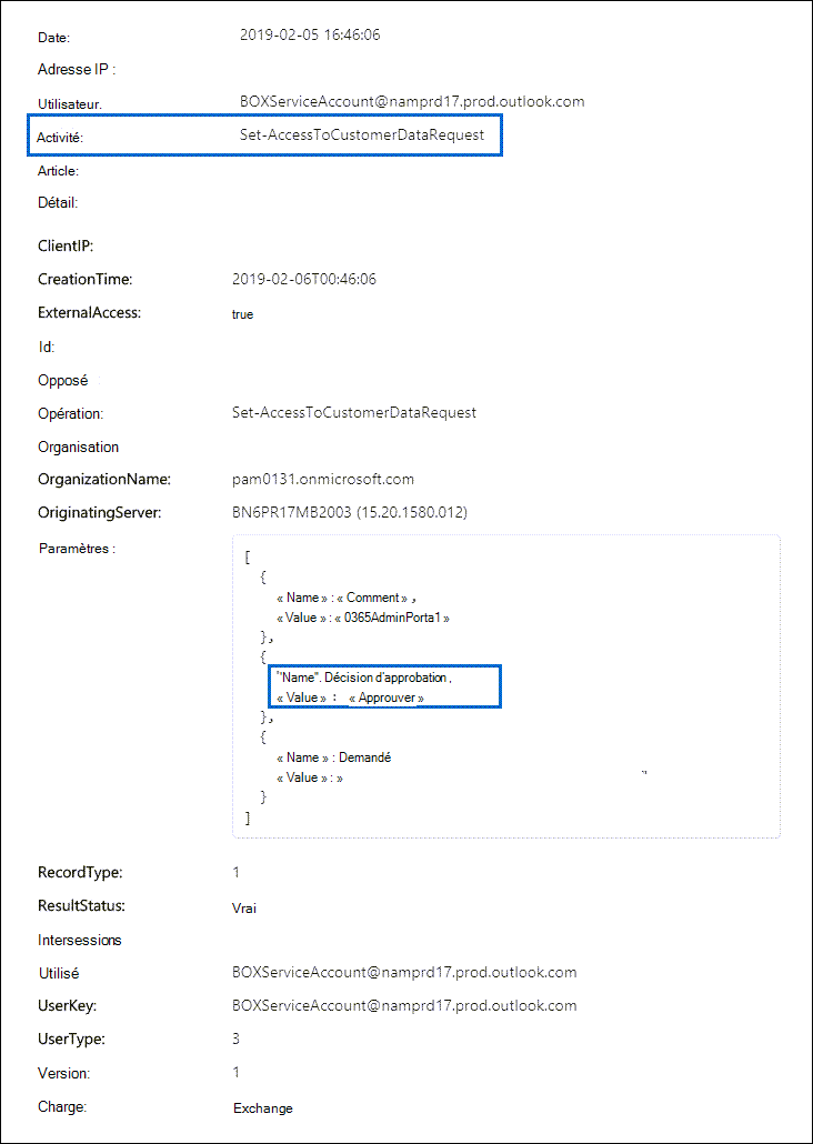 Enregistrement d’audit pour une demande Customer Lockbox approuvée.