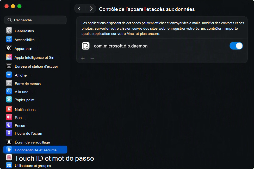 Capture d’écran des paramètres de contrôle de périphérique et d’accès aux données macOS avec l’autorisation activée pour com.microsoft.dlp.daemon.