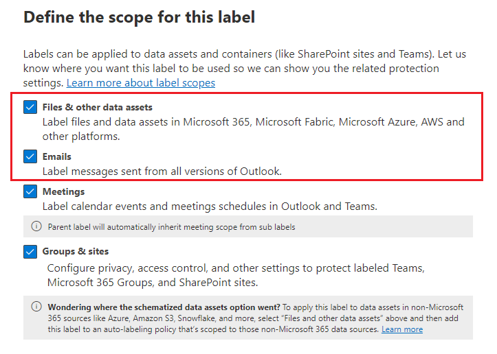Options d’étendue d’étiquette de confidentialité pour les éléments qui incluent Files et Email.