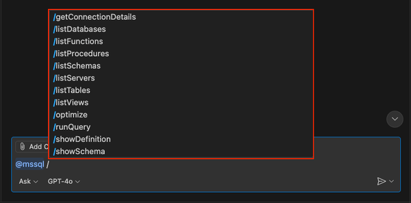Capture d’écran du second ensemble d’options de commandes slash à partir de l’extension MSSQL dans le chat GitHub Copilot.
