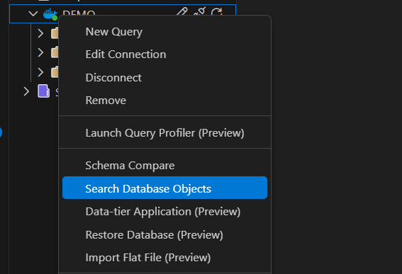 Capture d’écran de l’option Rechercher des objets de base de données dans le menu contextuel de l’Explorateur d’objets.