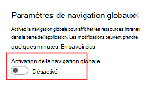 Capture d’écran de l’emplacement où activer l’option de navigation globale dans le panneau paramètres.