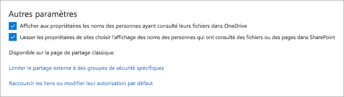 Autres paramètres de partage