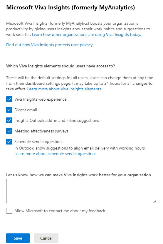 Capture d’écran montrant le volet des paramètres Microsoft Viva Insights (anciennement MyAnalytics) avec toutes les sélections activées.