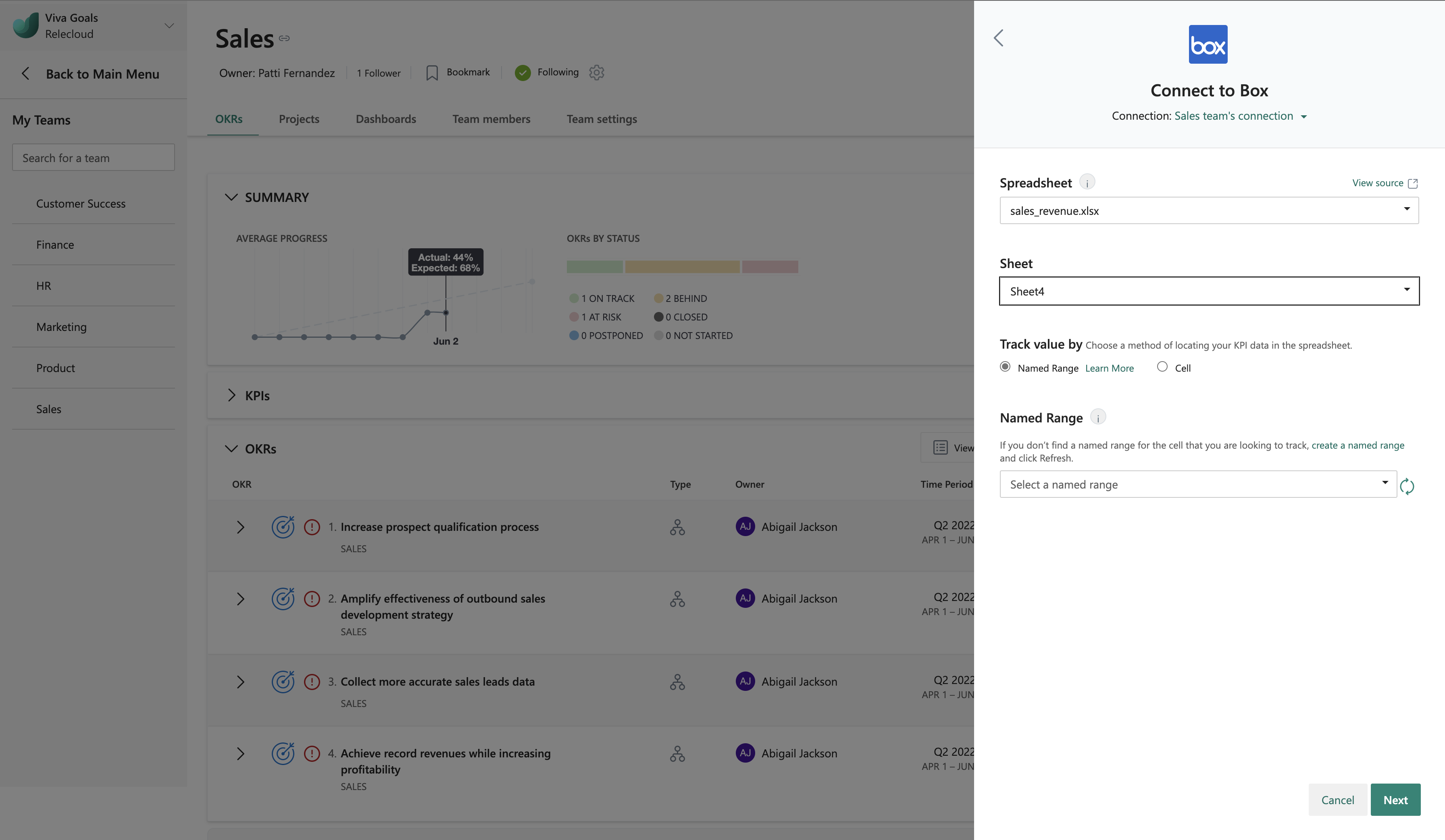 Capture d’écran montrant un aperçu de la feuille de calcul sélectionnée dans Box.
