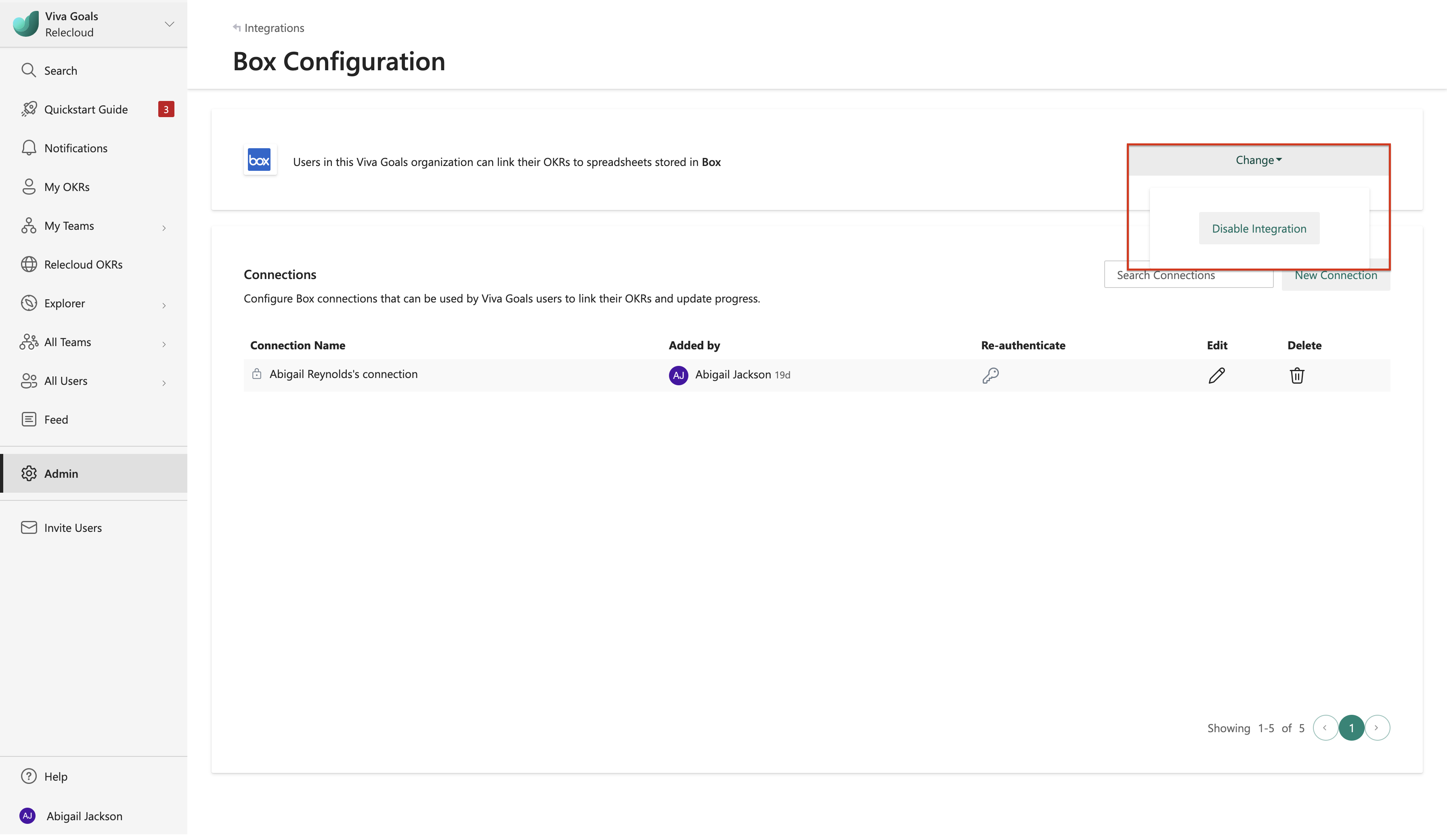 Capture d’écran montrant comment désactiver l’intégration box dans Viva Goals.