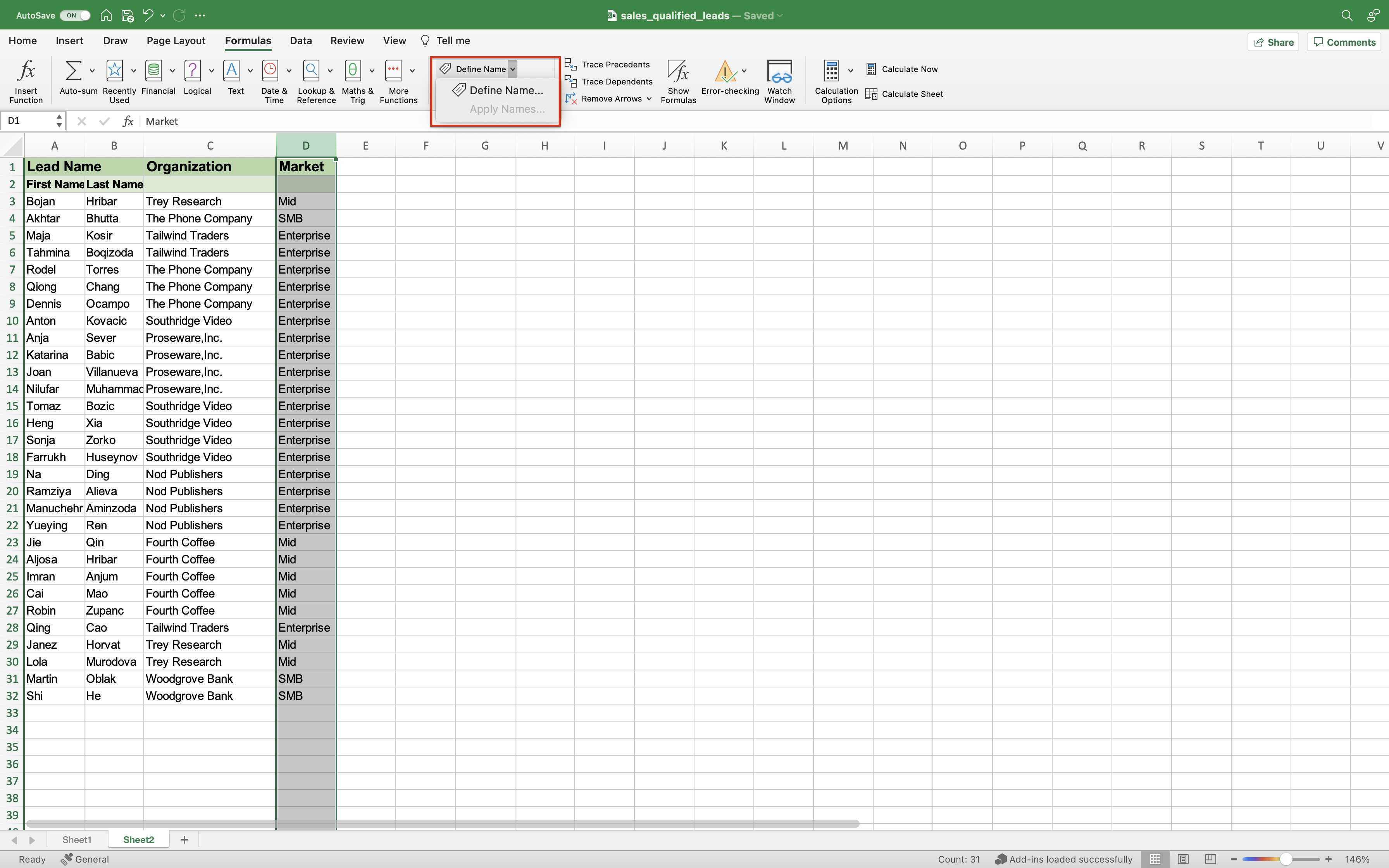 Capture d’écran montrant où vous sélectionnez Définir un nom dans Excel.