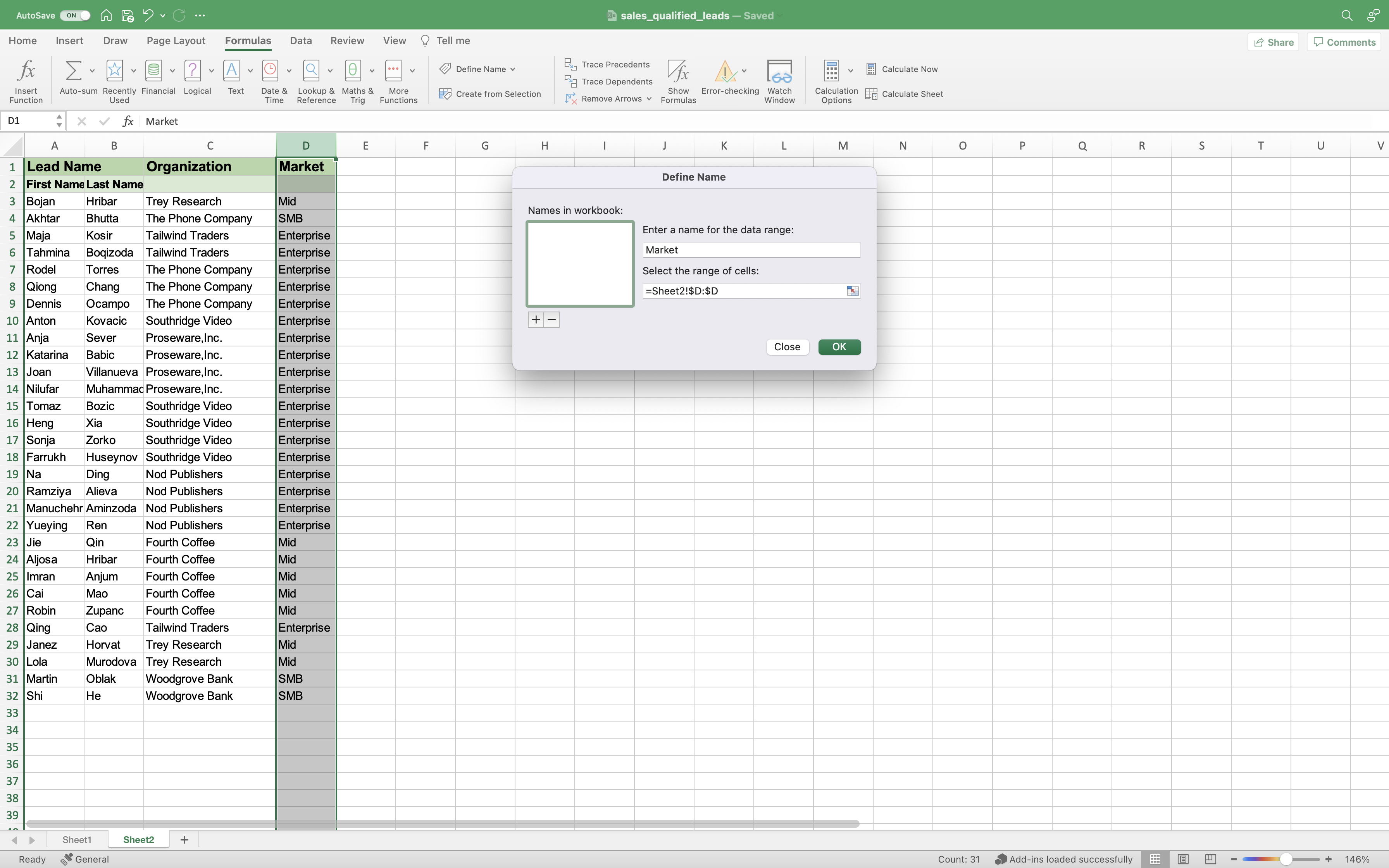 Capture d’écran montrant la boîte de dialogue Définir un nom dans Excel.