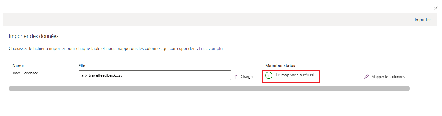 Capture d’écran de l’écran Importer des données montrant que le mappage a réussi.