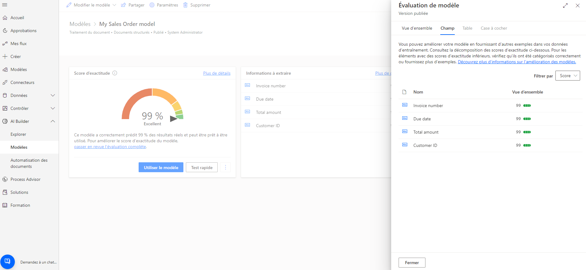 Capture d’écran de l’écran «&nbsp;Évaluation du modèle&nbsp;», onglet «&nbsp;Champ&nbsp;».