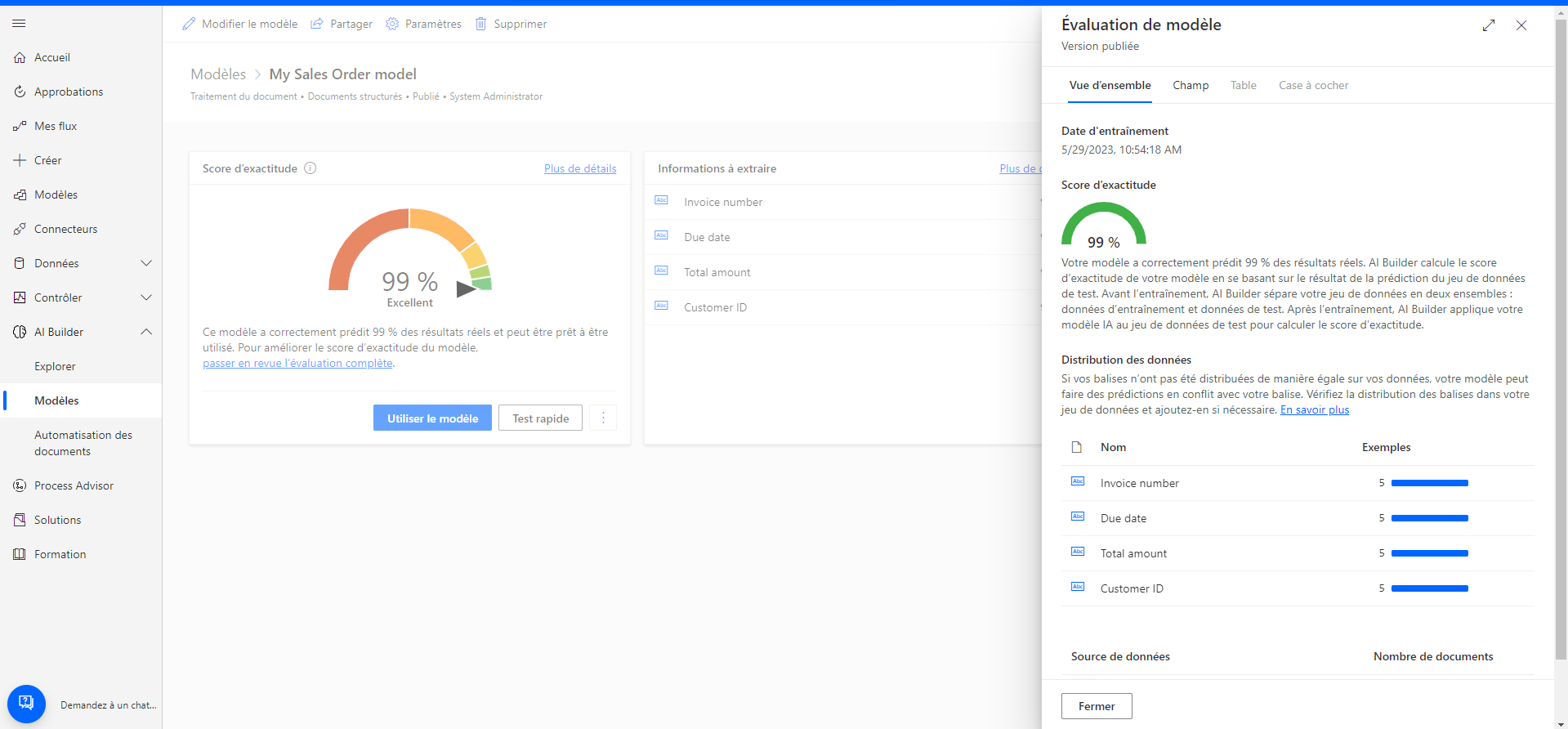 Capture d’écran de l’écran «&nbsp;Évaluation du modèle&nbsp;», onglet «&nbsp;Vue d’ensemble&nbsp;».