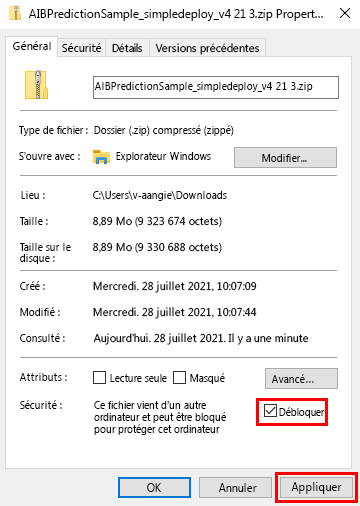 Capture d’écran du fichier .zip Propriétés