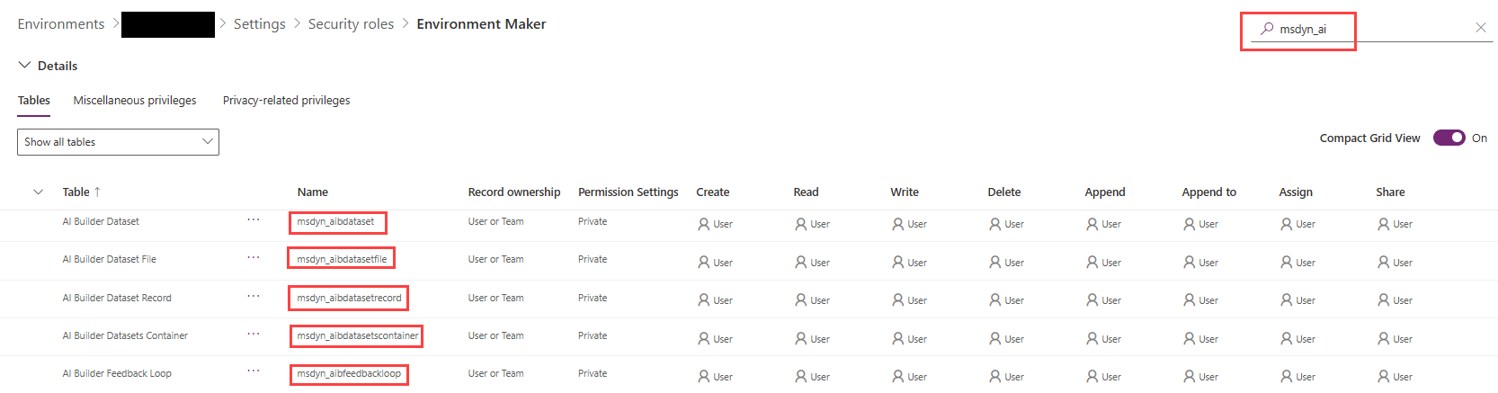 Capture d’écran des rôles de sécurité.