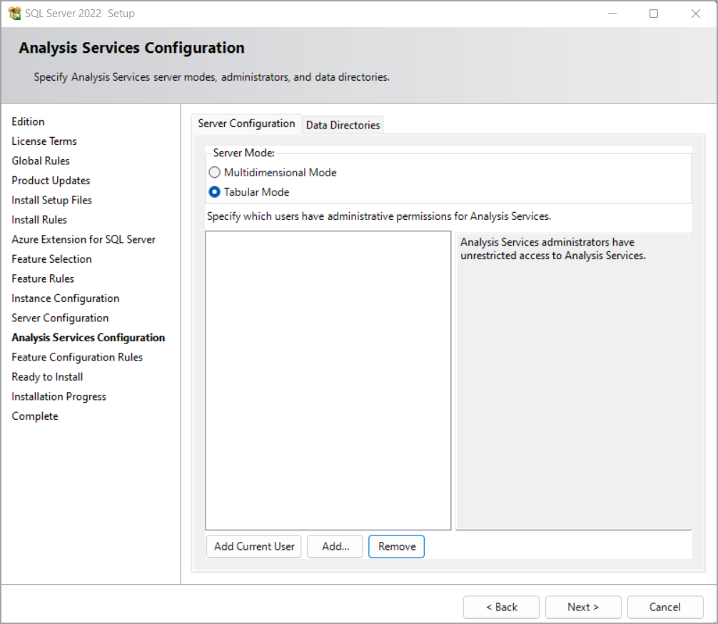 Page d’installation avec options de configuration Analysis Services