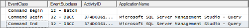 Capture d’écran des résultats eventSubclass du profileur DBCC SQL Server Analysis Services.