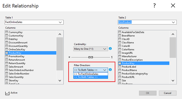 Capture d’écran de la zone Modifier la relation dialbo avec la section Direction du filtre mise en évidence.