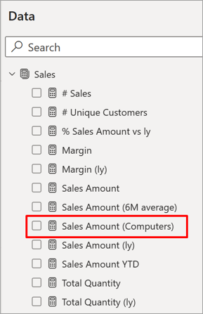 Mesure Sales Amount (Ordinateurs) dans le jeu de données 