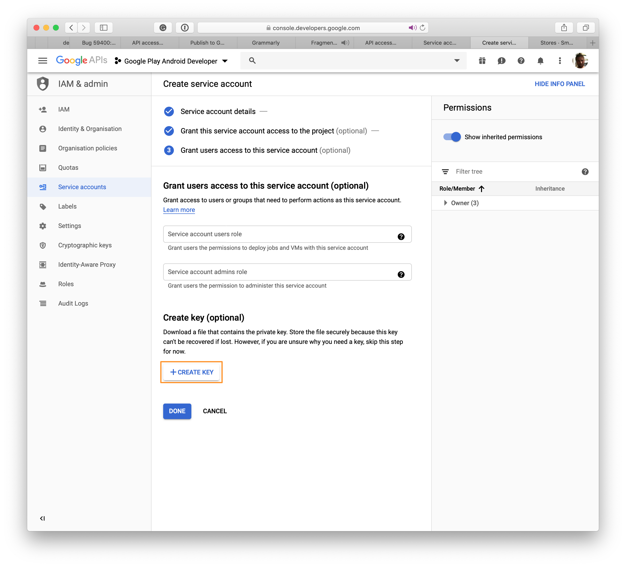 Google Play: Klicka på + Skapa en nyckel för att generera en JSON -fil