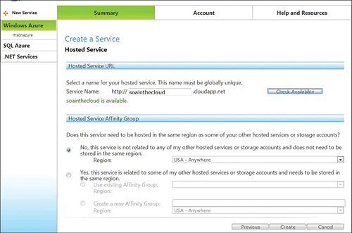 image: Creating a Service in the Windows Azure Portal