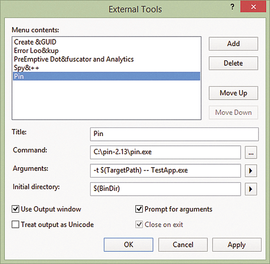 Ajouter Pin à Visual Studio à l'aide de la boîte de dialogue outils externes