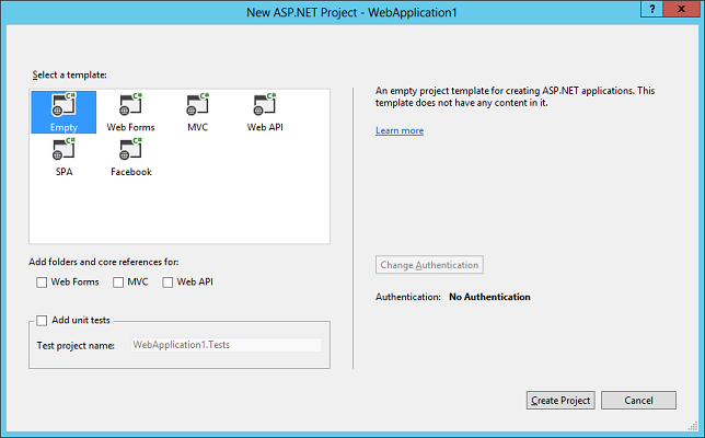 Capture d’écran du menu Projet ASP.Net - WebApplication1, montrant comment démarrer le volet fenêtre pour créer un projet « Hello World ». Affiche une fenêtre avec différents modèles à sélectionner et les options permettant d’ajouter des références principales et des tests unitaires.
