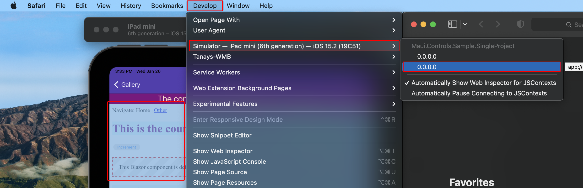 Le simulateur de développement Safari s’ouvre avec deux entrées pour «&nbsp;0.0.0.0&nbsp;» avec la deuxième entrée sélectionnée, car elle met en surbrillance la BlazorWebView dans l’interface utilisateur de l’émulateur Visual Studio.