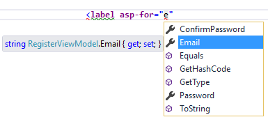 L’utilisateur tape « e » dans la valeur de l’attribut « asp-for ». IntelliSense suggère une complétion possible avec « Email » sélectionné.