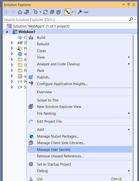 Visual Studio montrant Gérer les secrets d'utilisateur