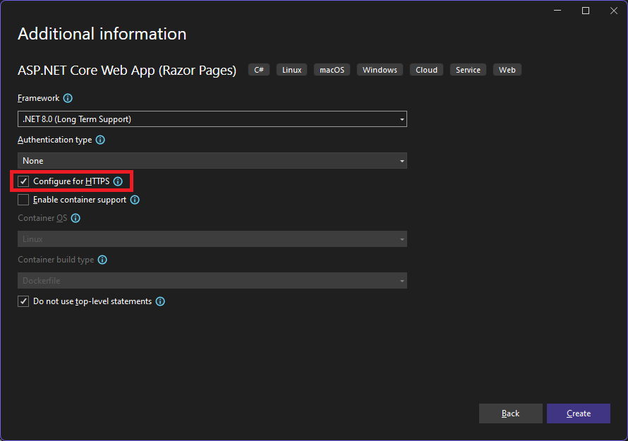 Boîte de dialogue Informations supplémentaires pour le nouveau modèle d’application web ASP.NET Core, montrant la case à cocher Configurer pour HTTPS