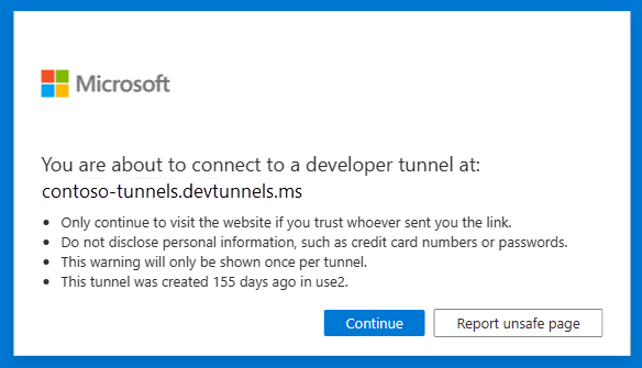 Page de notification des tunnels de développement.