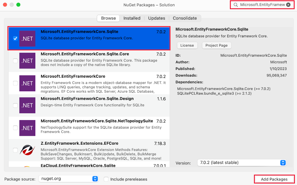 Ajouter le package NuGet Entity Framework Core