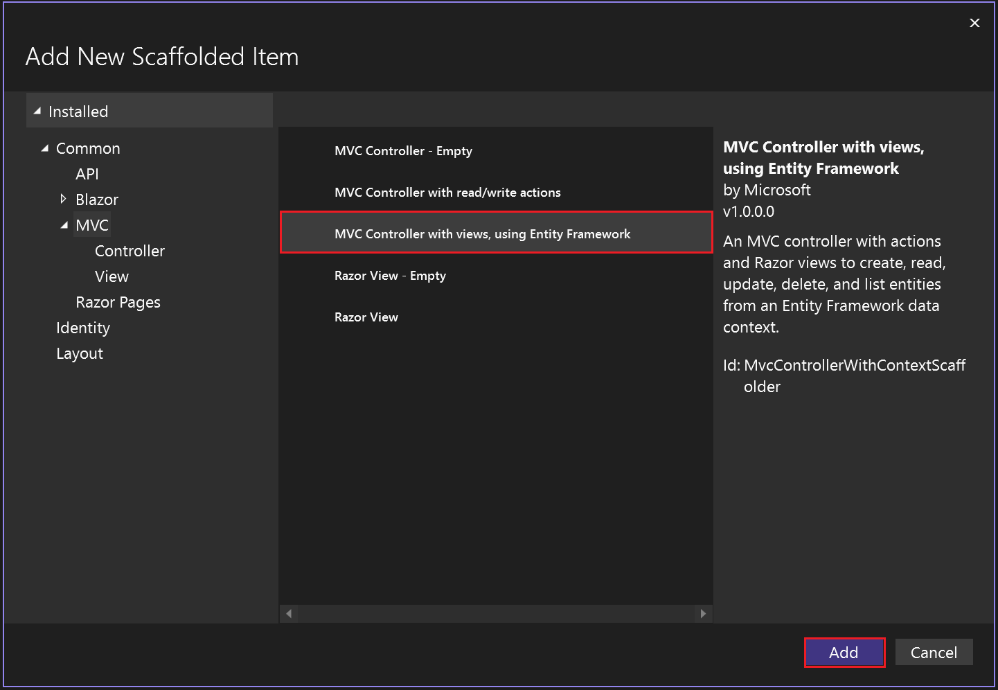Boîte de dialogue Ajouter un Scaffold.