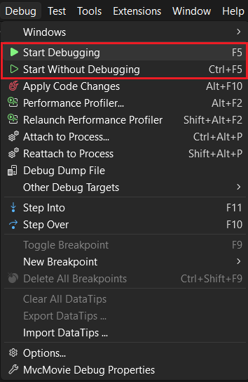 Menus Démarrer le debug et Démarrer sans débogage.